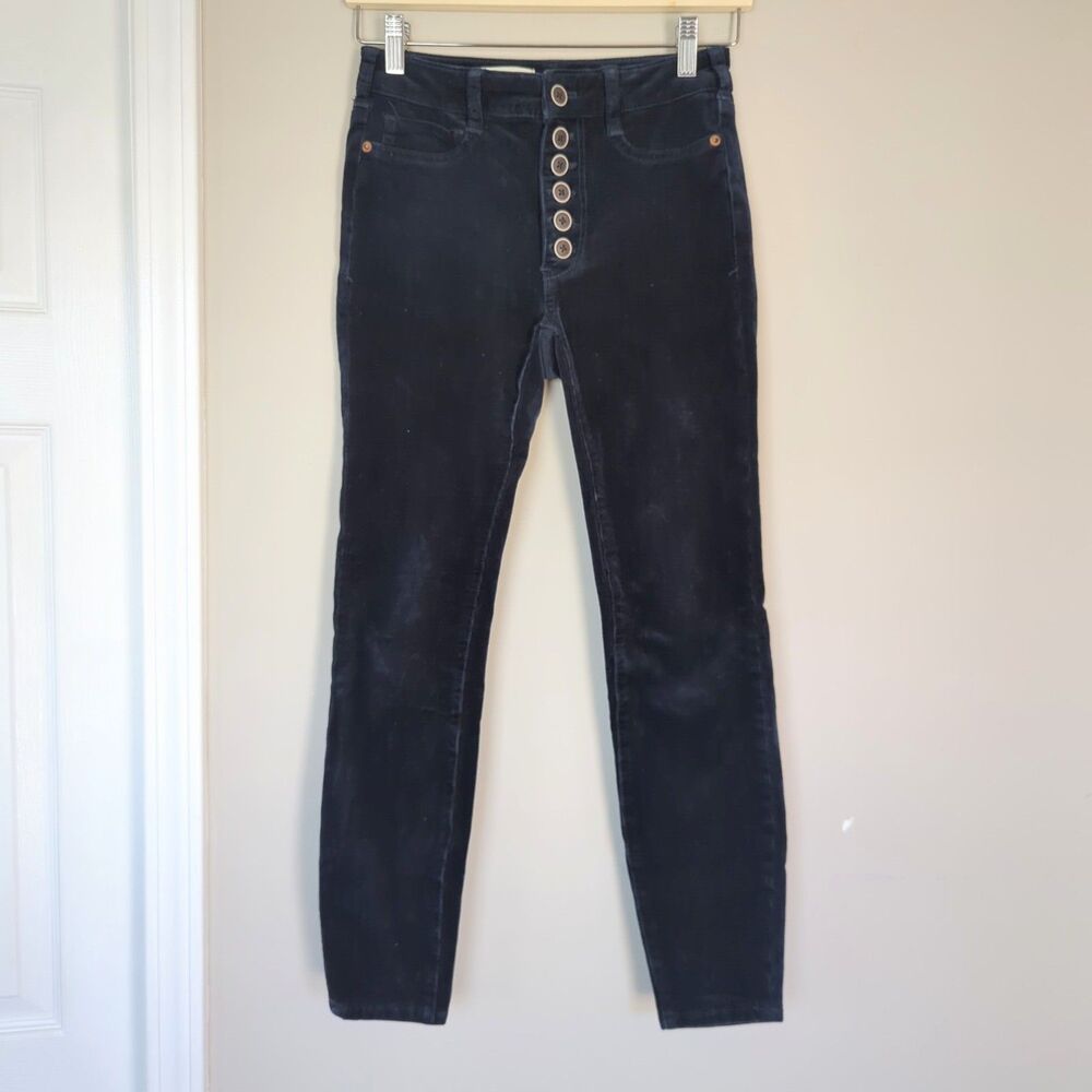 Pilcro Navy Blue Skinny Mid Rise Button Fly Corduroy Pants Size 25 Fall Preppy